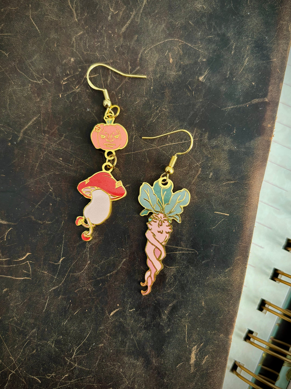 Dungeon Meal inspired | Mushroom/Mandrake/JackOLantern | thin/light double sided enamel earrings