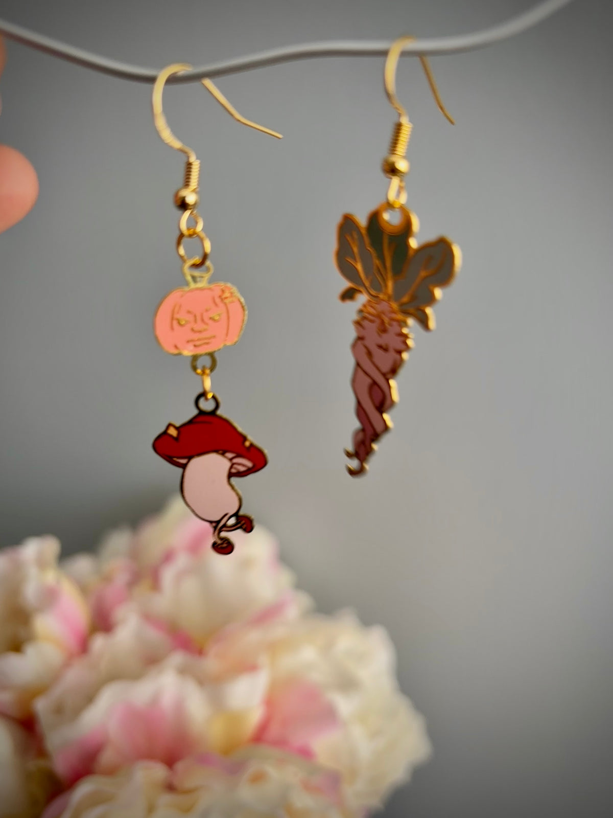 Dungeon Meal inspired | Mushroom/Mandrake/JackOLantern | thin/light double sided enamel earrings