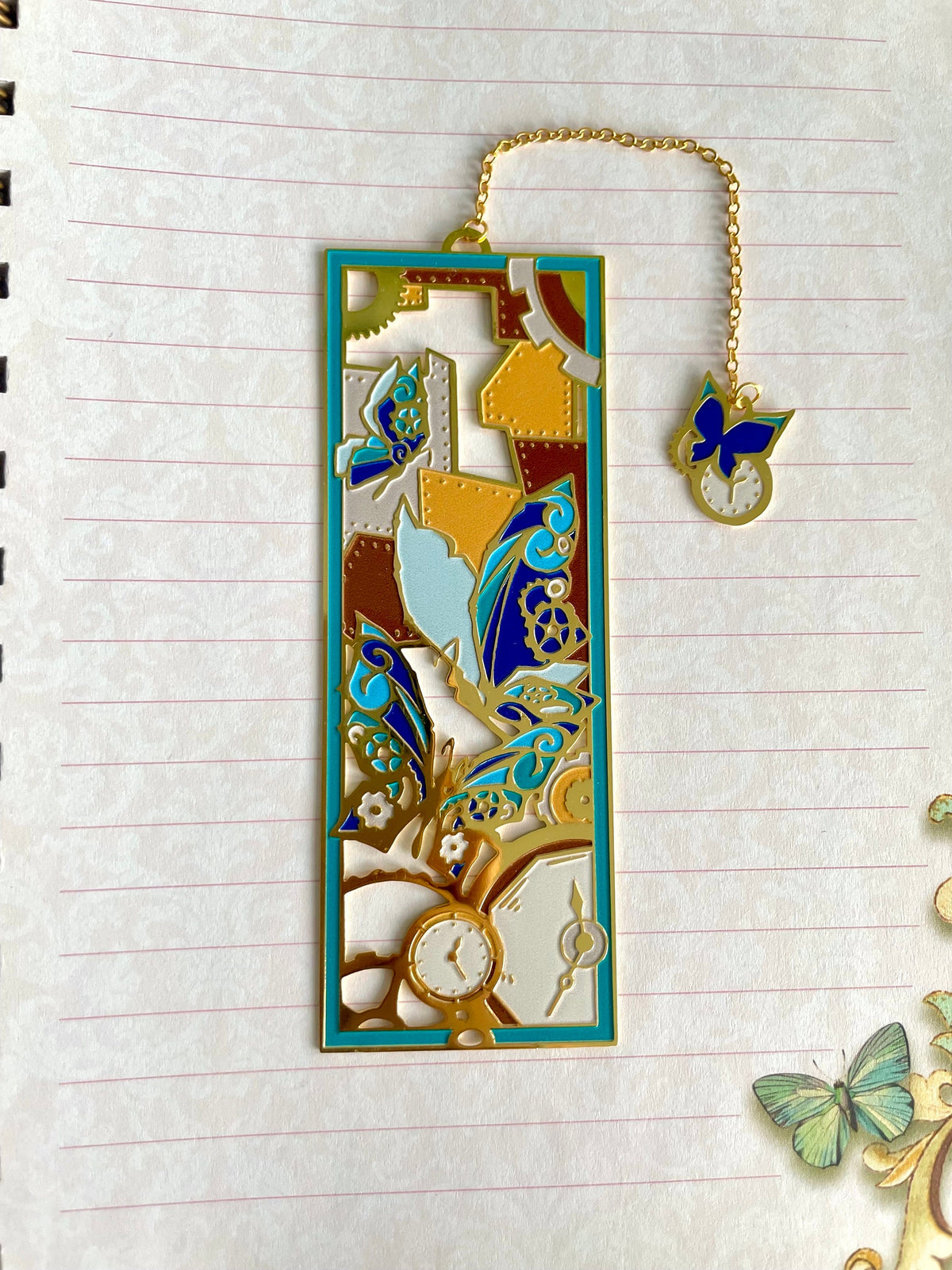 Steam Punk Blue Butterfly Machinery | Original Design | Enamel Bookmark / Charm | 11x4cm