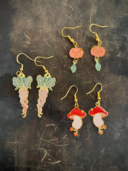 Dungeon Meal inspired | mushroom/mandrake/pumpkin | Thin/light double-sided Enamel Earrings small
