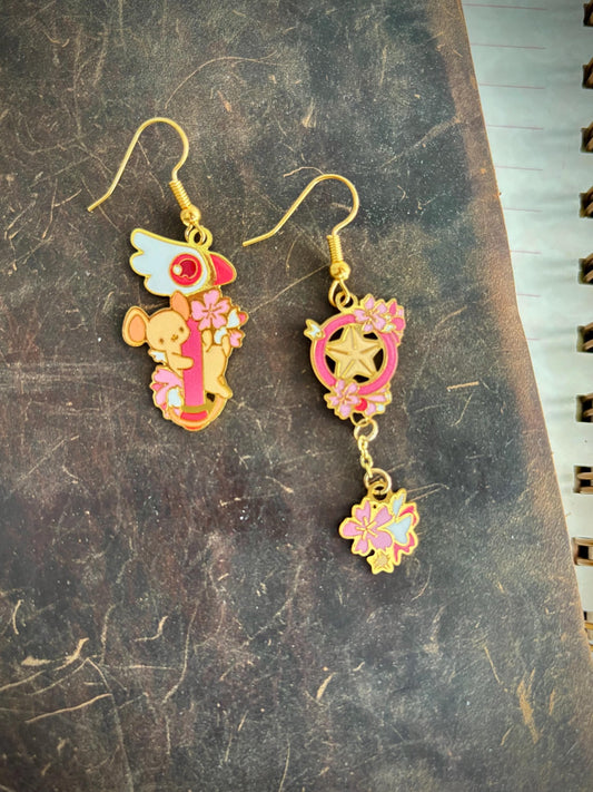 Card Captor inspired | Sakura & Kero | Thin/light double-sided Enamel Earrings