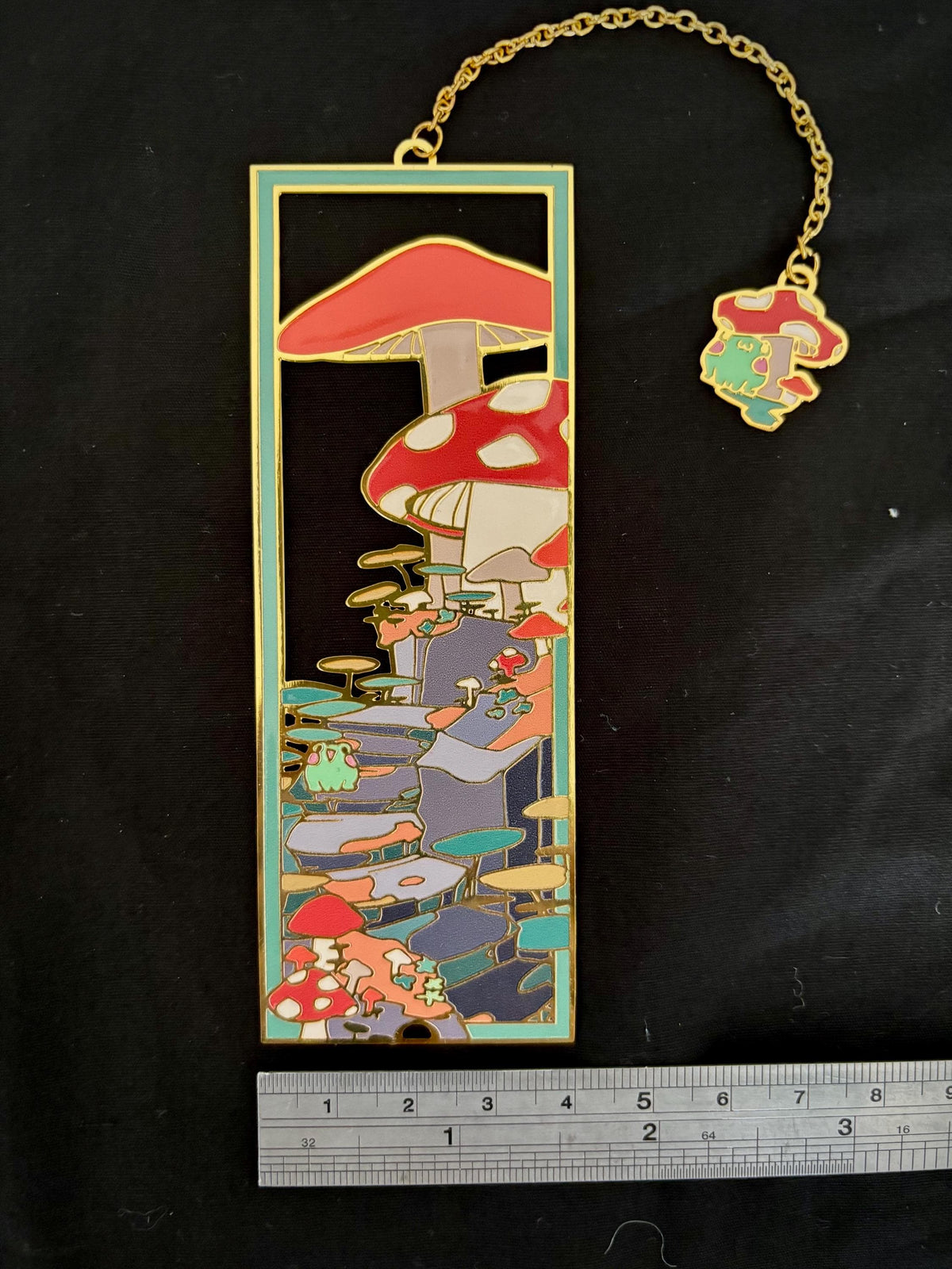 Frog in Mushroom Forest | original design | Enamel Bookmark / Charm | 11x4cm