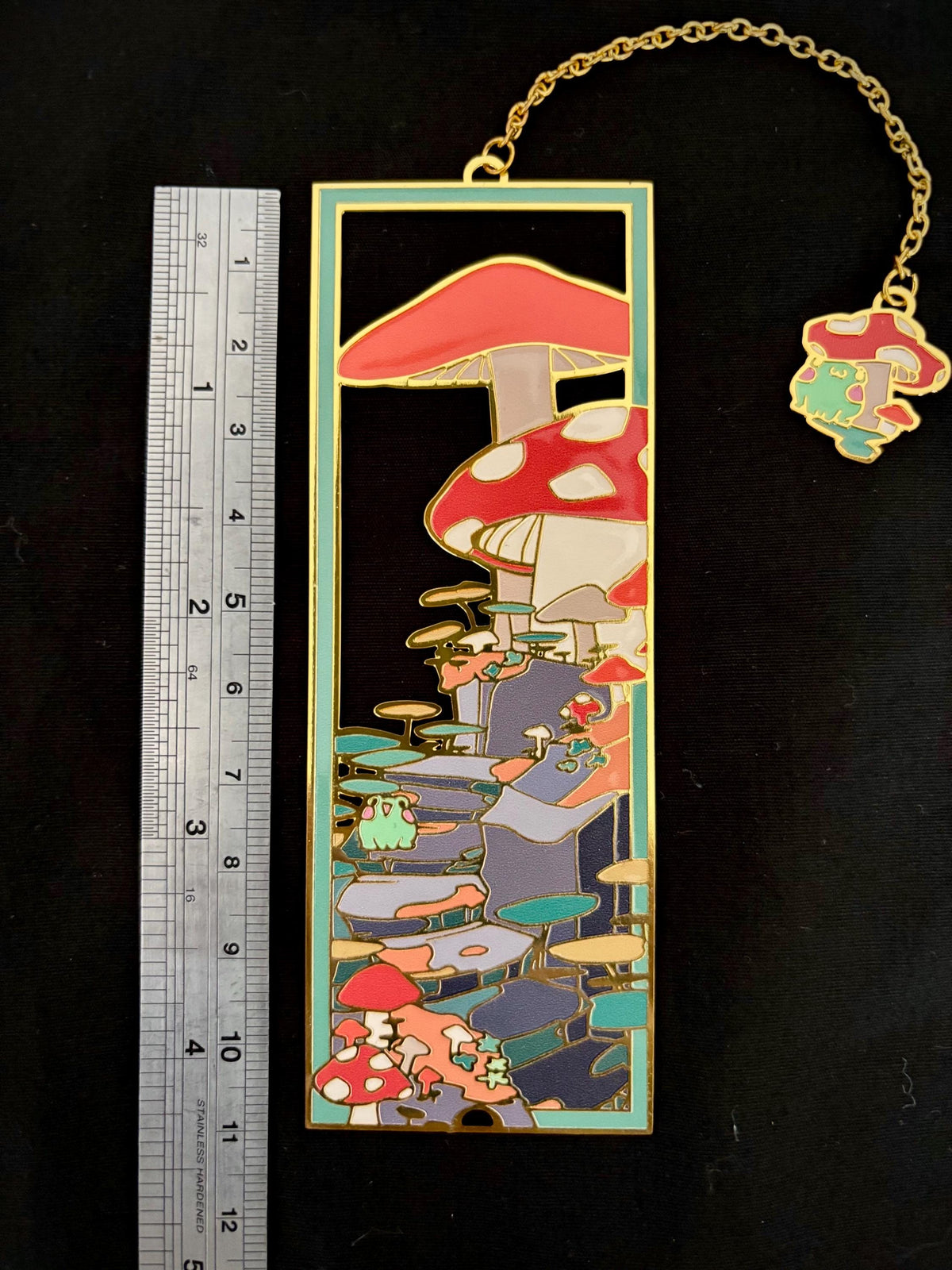 Frog in Mushroom Forest | original design | Enamel Bookmark / Charm | 11x4cm