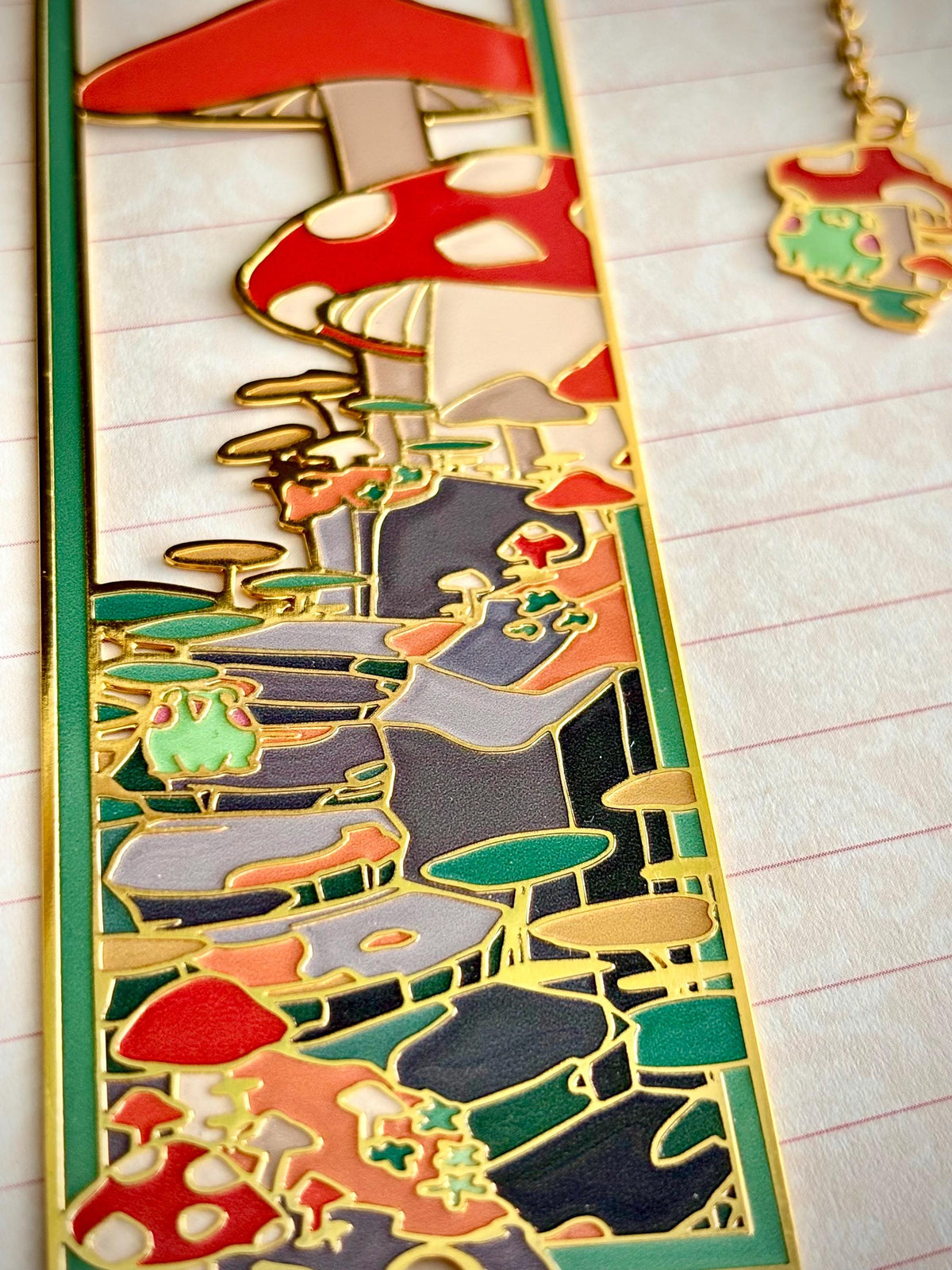 Frog in Mushroom Forest | original design | Enamel Bookmark / Charm | 11x4cm